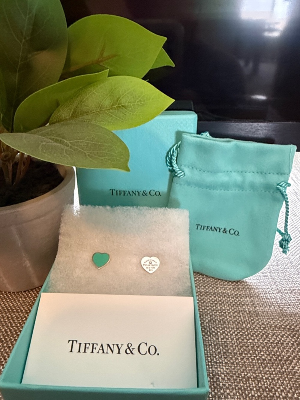 Tiffany & Co. Blue Heart Stud Earrings with Engraved Silver Heart